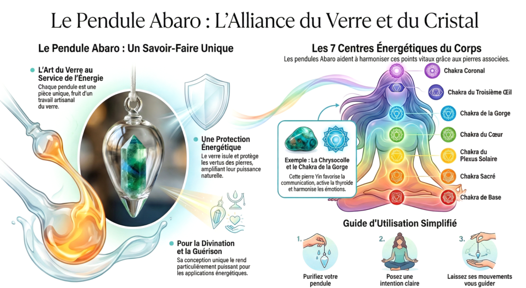 Pendule ABARO en verre filé artisanal, pierres brutes (quartz et chrysocolle), puissant outil de radiesthésie écologique, sur mesure, réservé aux praticiens avertis et amoureux d’énergies natures.